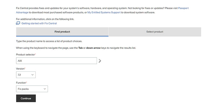 Figure 1. A product search for AIX, version 7.2 with Fix packs