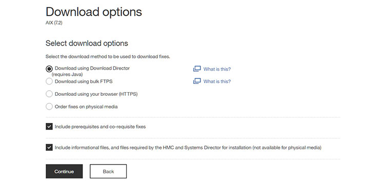 
Figure 6. Download options consist of using Download Director, using bulk FTPS, using HTTPS in the browser, or ordering the fixes on physical media