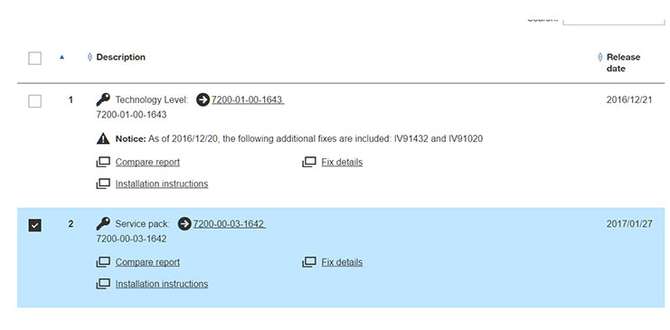 Figure 2. Service Pack level 7200-00-03-1642 is selected 