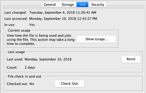 Figure 3. The Use tab displays information about jobs that may be using a file