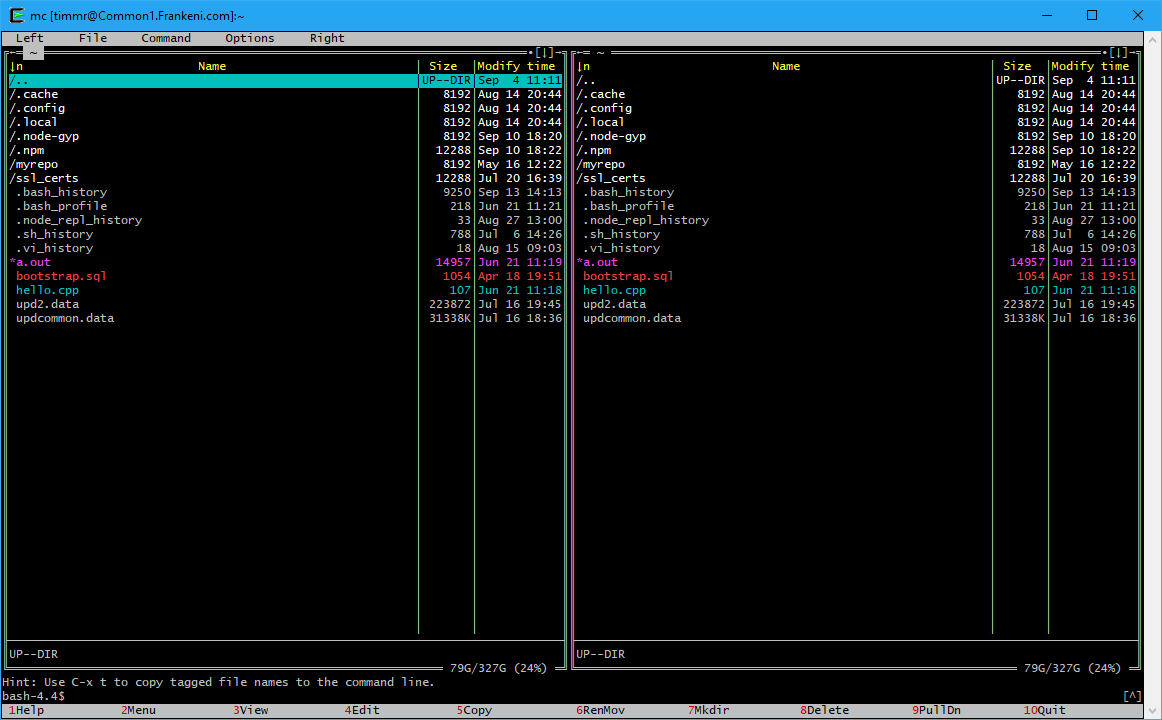 Figure 2. The Midnight Commander default interface with the "Darkfar" theme applied.