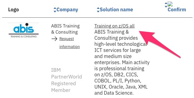 Figure 4. Using the keyword "z/OS training" and the solutions name field search results in this first search result.