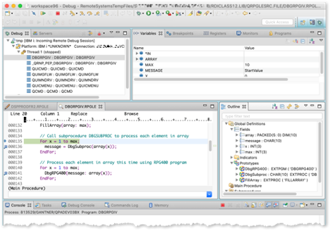 
Figure 2. You may be prompted the first time to ask if you want to switch perspective. It will also open the source or listing view for the code (depending on the option you specified at compile time) in the edit window