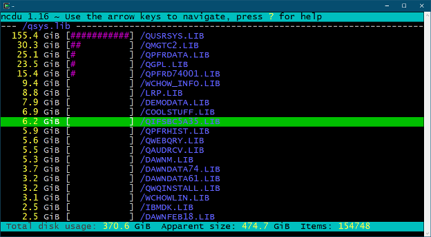 Figure 10. Analyzing disk usage within QSYS.LIB