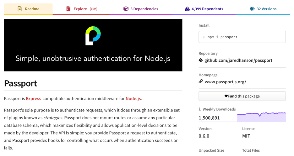 Figure 5. You can easily download open-source modules from sites like npmjs.com. The site shows you how popular the module is and what are its license terms. Passport is a powerful authentication system that supports over 500 methods of authentication. It is downloaded over 1.5 million times a week and is available under the very permissive MIT open-source license.