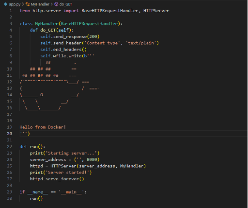 Figure 1. Python script code to display the Docker logo and the text message “Hello from Docker!”