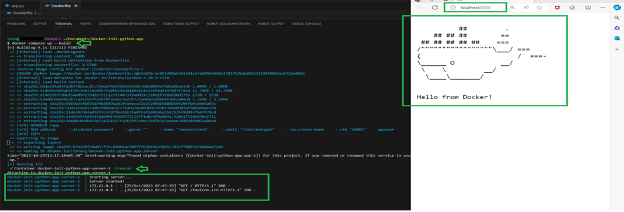 Figure 4. Output on VS Code and the web browser after the successful execution of the ‘docker compose up --build’ command