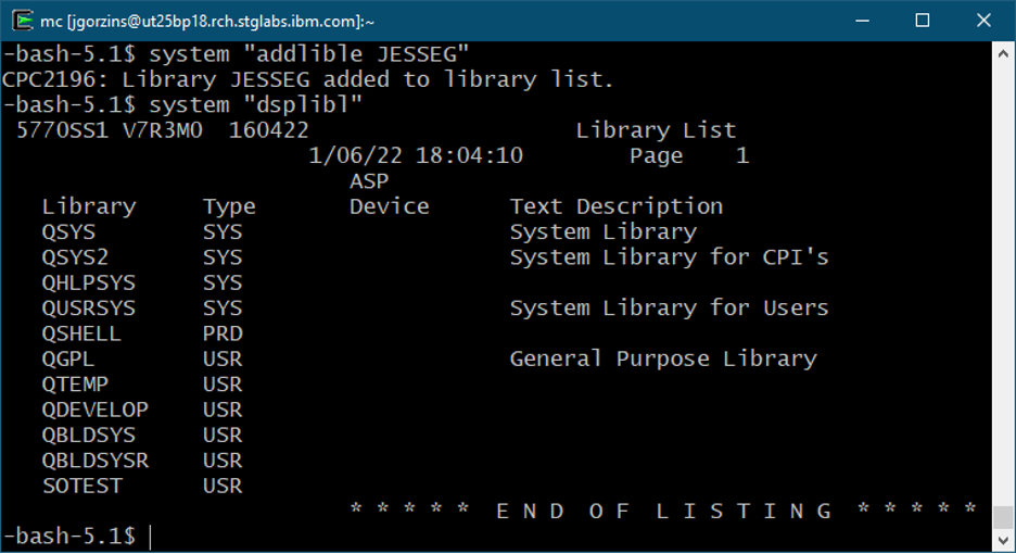 Figure 5: Trying to modify the library list with the PASE “system” utility