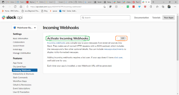 Figure 6. Incoming Webhooks are deactivated by default