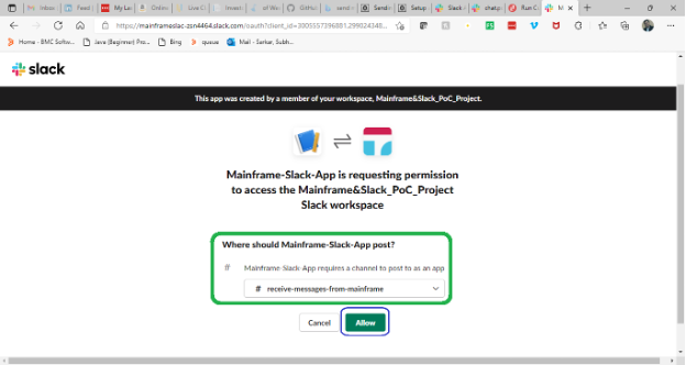 Figure 9. Select a channel which the app can post to as an app and click on the “Allow” button to grant permission to your app to access the workspace