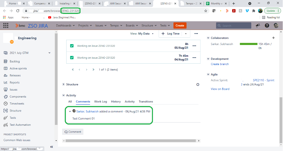 Figure 6. The comment gets added to the Jira issue after the successful execution of the JCL Job that executes the Python script “Add_comment.py”