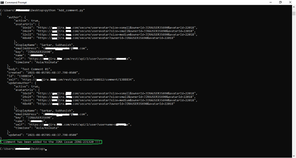 Figure 2. Console Output resulting after the successful execution of the Python Script ‘Add_comment.py’