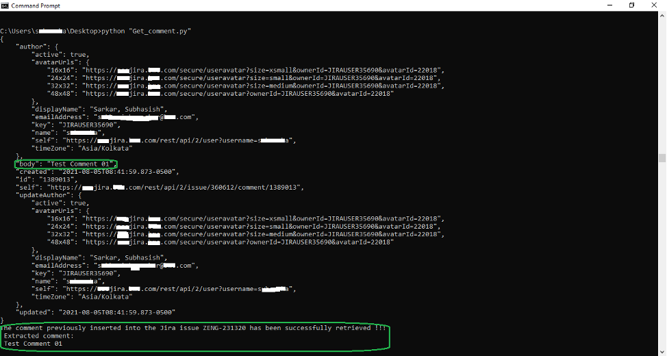 Figure 5. Console output resulting after the successful execution of the Python script “Get_comment.py”