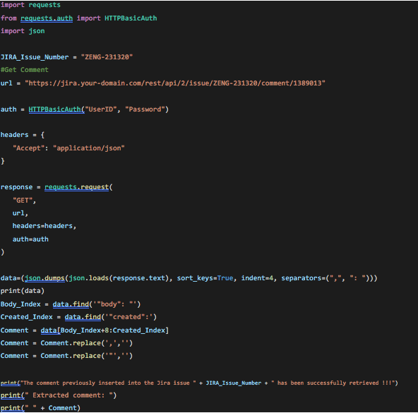 Figure 4. Python script code to extract a comment from a Jira issue