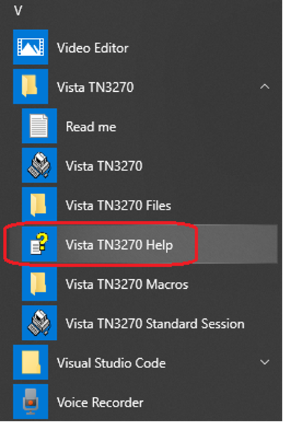 Figure 7.  'Vista TN3270' folder in Windows Start Menu 