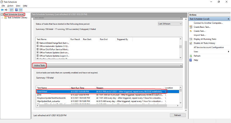 Figure 7. Locate the scheduled task ‘AutoSched’ using the Microsoft Windows Task Scheduler GUI. Note that the trigger condition says that once the task has been scheduled, it will be triggered every two minutes indefinitely.