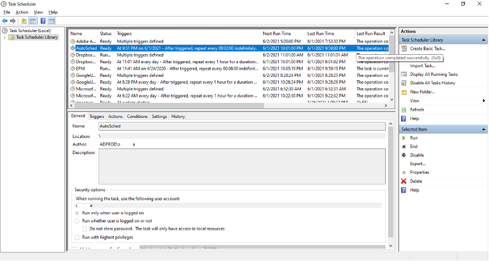 Figure 8. More details about the scheduled task ‘AutoSched’ displayed using the Microsoft Windows Task Scheduler GUI