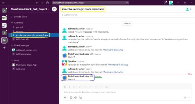 
Figure 13. The “Hello!!!” message has indeed been posted to the Slack channel “#receive-messages-from-mainframe” at 05:08 PM local time IST