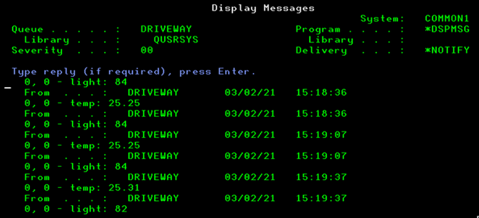 Figure 4. Light and temperature readings in an IBM i message queue