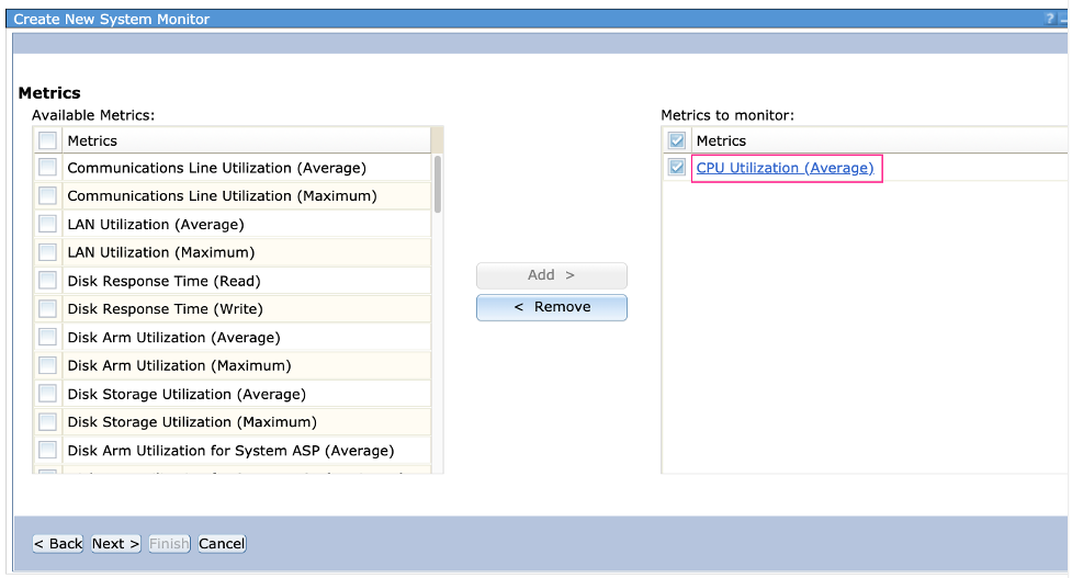 Figure 2. List of metrics, and the link to CPU utilization properties