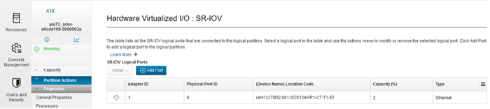 Figure 11. New SR-IOV logical port listed for LPAR under Hardware Virtualized I/O