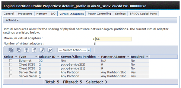 Figure 22. Virtual Adapters tab in the partition profile