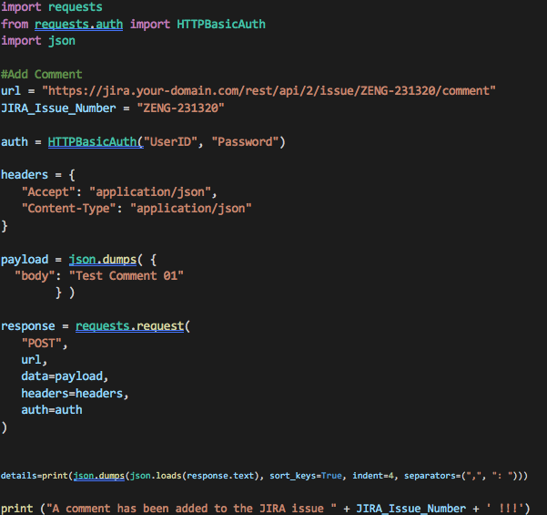 Figure 1. Python script code to add a comment to a Jira issue