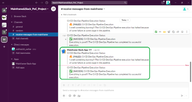 Figure 16. Messages have been posted to the Slack channel once the JCL Job has completed its successful execution on z/OS