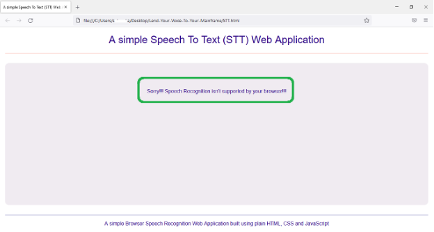 Figure 4. The web application when opened using Firefox displays the message, “Sorry!!! Speech Recognition isn't supported by your browser!!!”