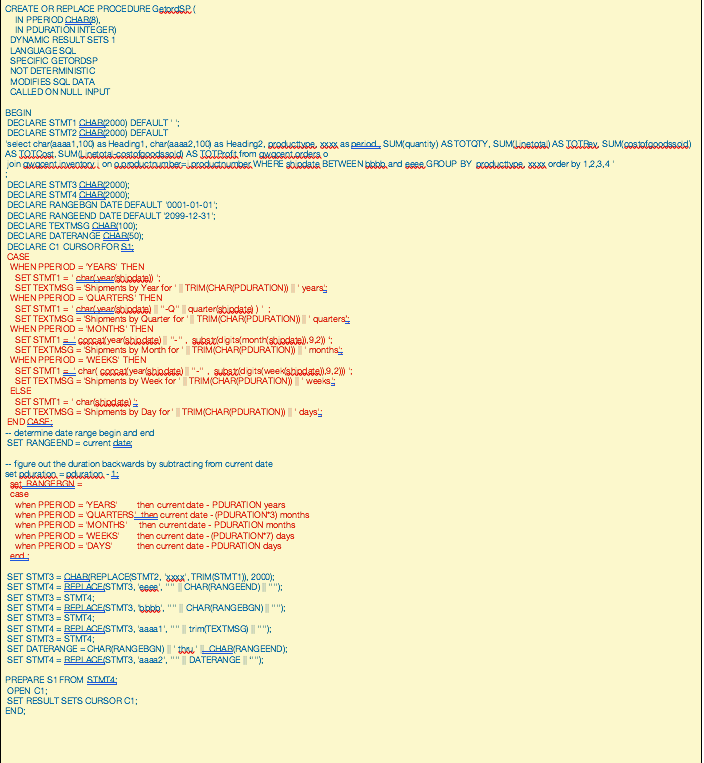 Screenshot of procedure code
