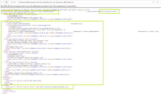 Figure 10. output.xml file with important parts highlighted