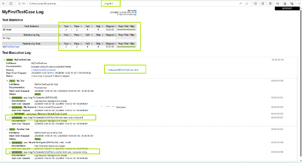 Figure 11. Log.html file with the logs for each step in the test suite with important parts highlighted