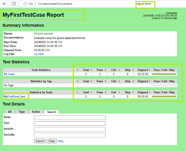 Figure 12. Report.html file with the stats displayed for each case in the test suite with important parts highlighted