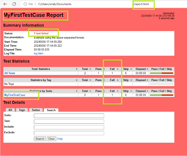 Figure 13. Report.html file with the stats displayed for each case in the test suite with important parts highlighted. Here, one test case has failed.