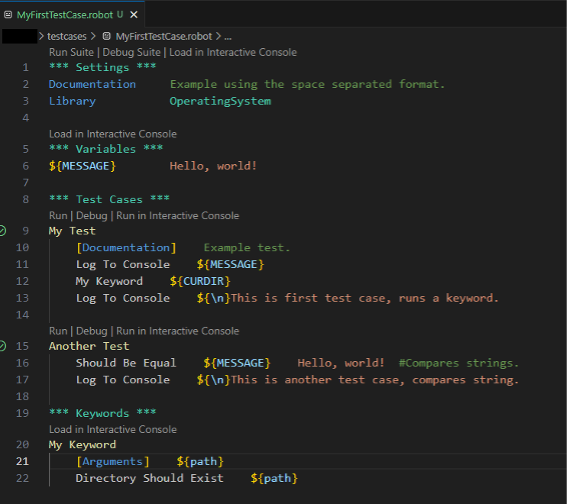 Figure 7. Code to showcase all sections of Robot Framework