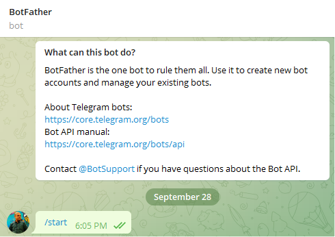 Use the /newbot command to create a new bot using BotFather.