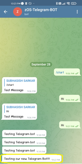 The Telegram Bot, zOS-Telegram-BOT, has successfully received the test message.
