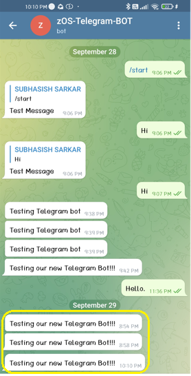 The Telegram Bot zOS-Telegram-BOT has successfully received the test message once the JCL Job completed its successful execution on z/OS.