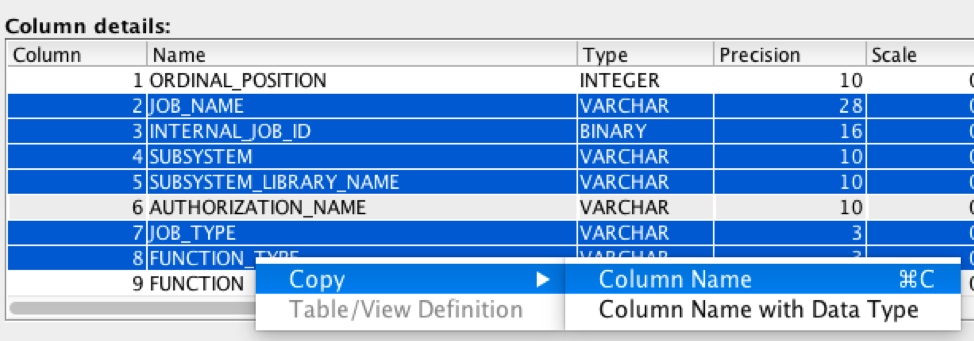 Selected columns