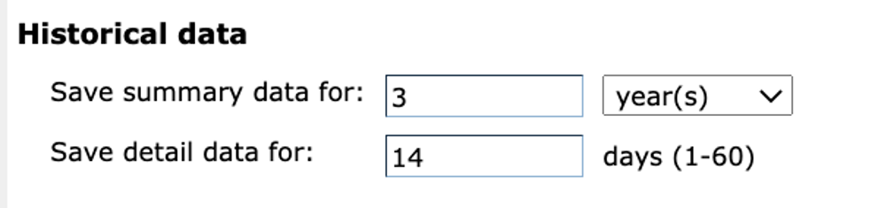 Figure 1. Specify the retention values for summary and detail data in the Historical Data retention configuration