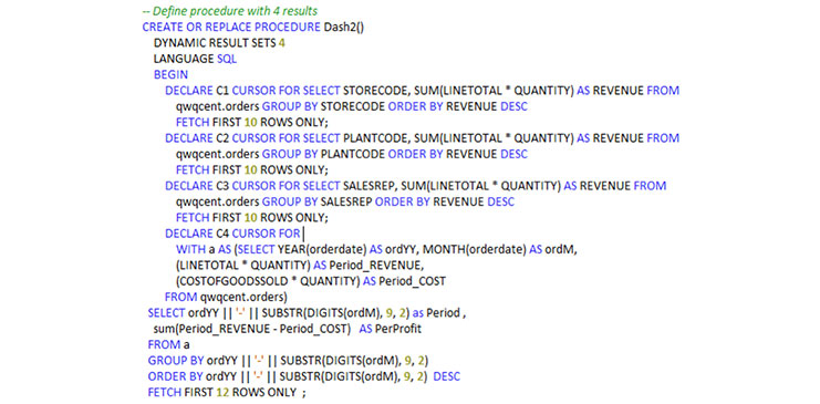 Figure 1. The SQL procedure code that defines the procedure, to be named DASH2, which will return four result sets, and the needed SELECT statements.