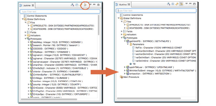 Figure 1. Before and after views of the Outline for a program that has the standard prototype member for the CGIDEV2 tool copied into it using the new "Hide unreferenced definitions" icon.