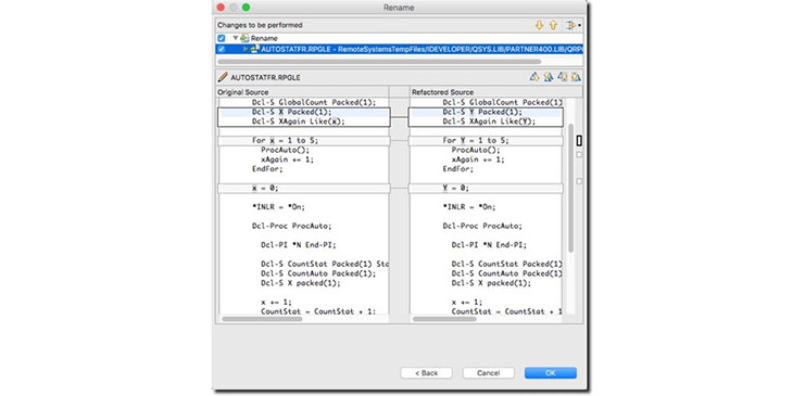 Figure 2. After selecting the variable X in the source, we then right-clicked on Refactor > Rename.