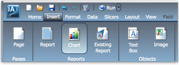 Figure 6. In InfoAssist, click the INSERT menu item on the ribbon bar to add a report or chart to the document