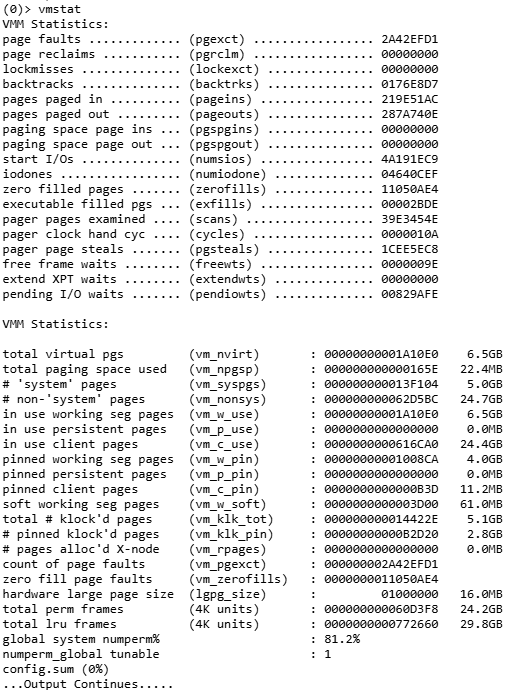 Figure 2A. This portion of the config.sum output contains detailed kernel information about the virtual memory manager, the memory page sizes in use on your system, and how many of each type are in use. You’ll see how many pages are devoted to working, file and client types, how much memory is devoted to filesystem caching data and how memory is striped.