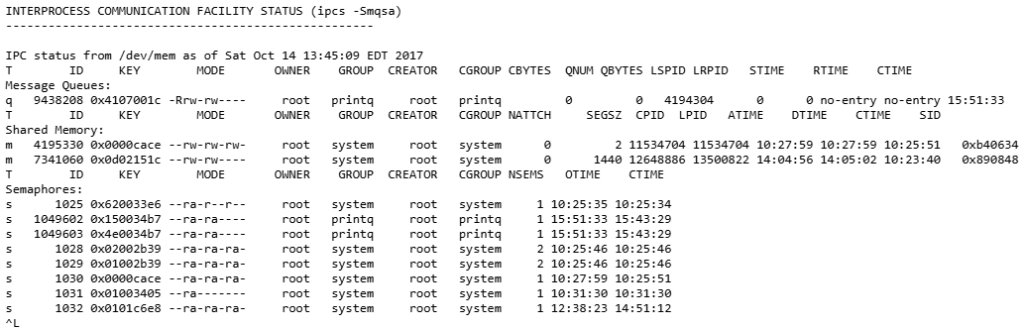 Figure 3. Following the memory output, you’ll get a listing of all your system's interprocess information, including the number of shared memory segments, semaphores and message queues in use as well as their access and modification times 