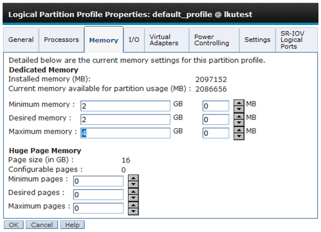 Figure 3. LPAR profile maximum memory before change. AIX 7.3 Live Update with TL3.