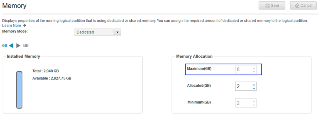 Viewing the memory properties for the LPAR from the HMC UI. AIX 7.3 Live Update with TL3.