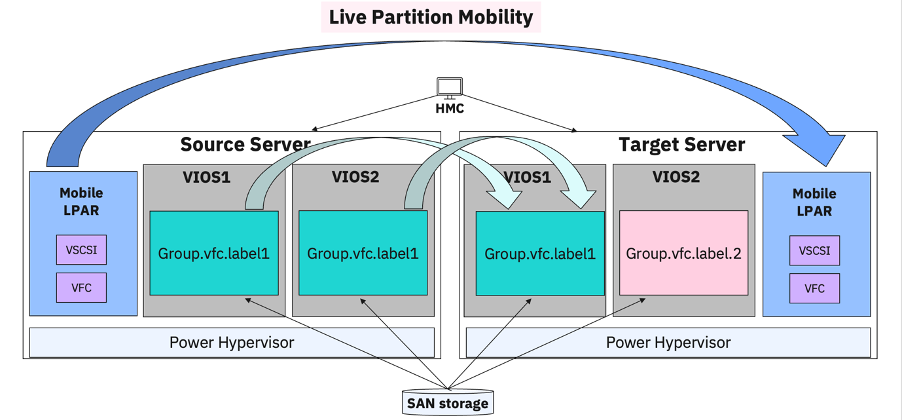 Figure 1. VIOS configured with VIOS group storage labels for Virtual Fiber Channel (VFC).