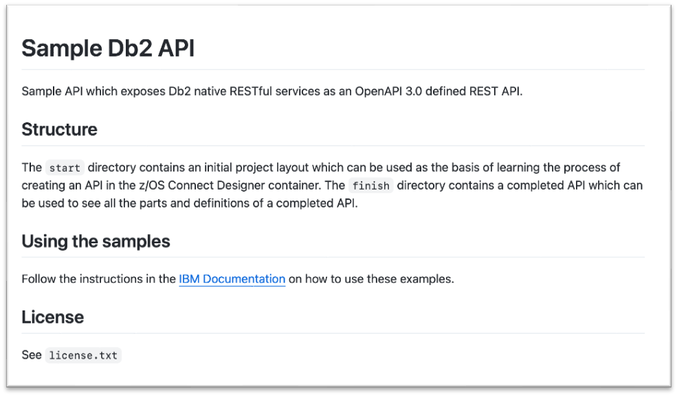 Snippet from the sample-db2-api repository showing example API definition components for z/OS Connect.